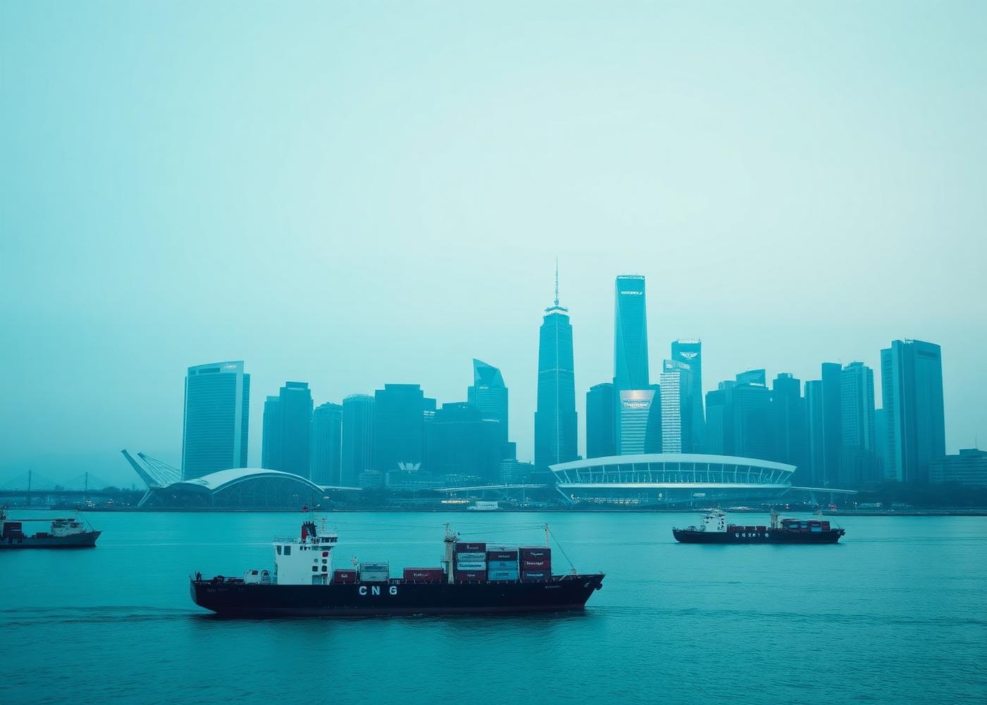 Asian harbor skyline with cargo vessels
