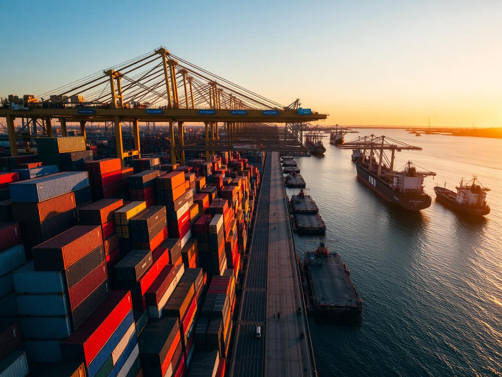 Global shipping port at sunset with cargo containers and ships